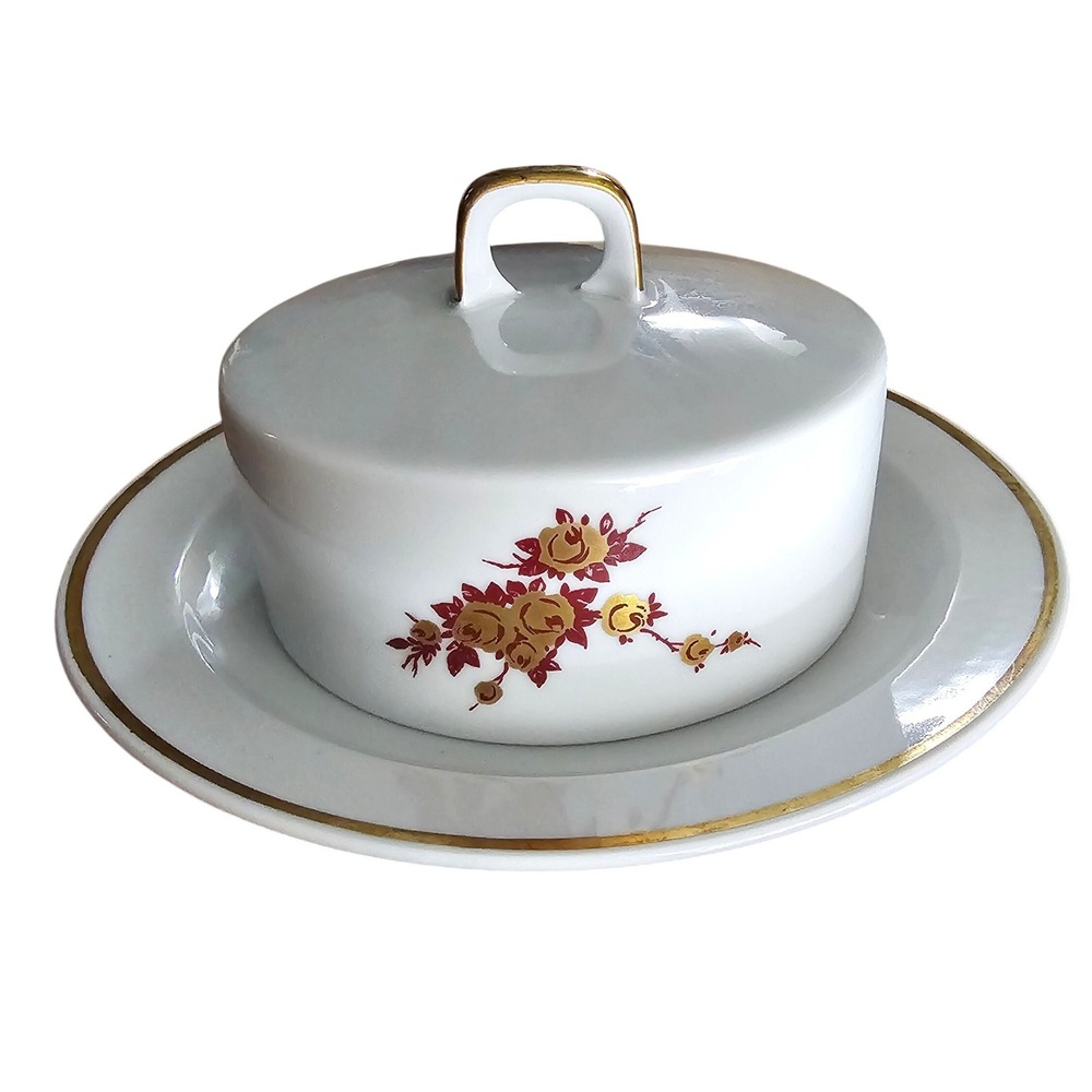 Henneberg Porzellan Helena Round Butter Dish Lid Gold Rose Floral Vintage